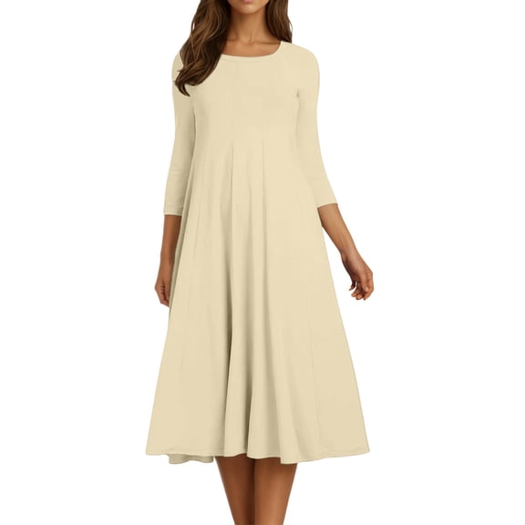 DHFJKG Wedding Guest Dresses For Women Casual Summer Dress 3/4 Sleeve Crew Neck Solid Color Flowy Swing A-Line Midi Dress Daily Wear Soft Dresses