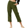 thumbnail image 2 of Conairie Straight Leg Cropped Pants Women Solid Color High Waisted Pants Elastic Travel Hiking Summer Long Pants with Pockets Army Green L, 2 of 8