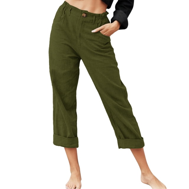 Women's Casual Solid Color Pants - Pockets, Zipper Elastic Button Waist, Long Trousers for Daily Wear