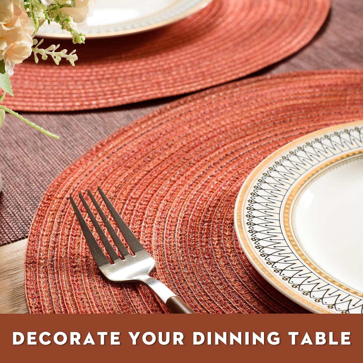 Round Braided Placemats Set of 8 Place mats for Dining Tables Woven Heat Resistant Table Mats 15 inch for Fall (E Brown, 8pcs)