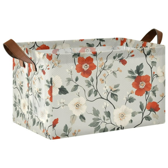 Yayeee Foldable Storage Basket for Shelves with Handles Waterproof Cloth Bins, Red and White Floral Pattern