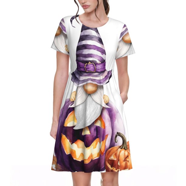 Disketp Halloween Gnome With Pumpkins para Vestido de Manga Corta para Mujeres, Vestidos de Verano para Mujeres, Casual y Holgado para la Playa