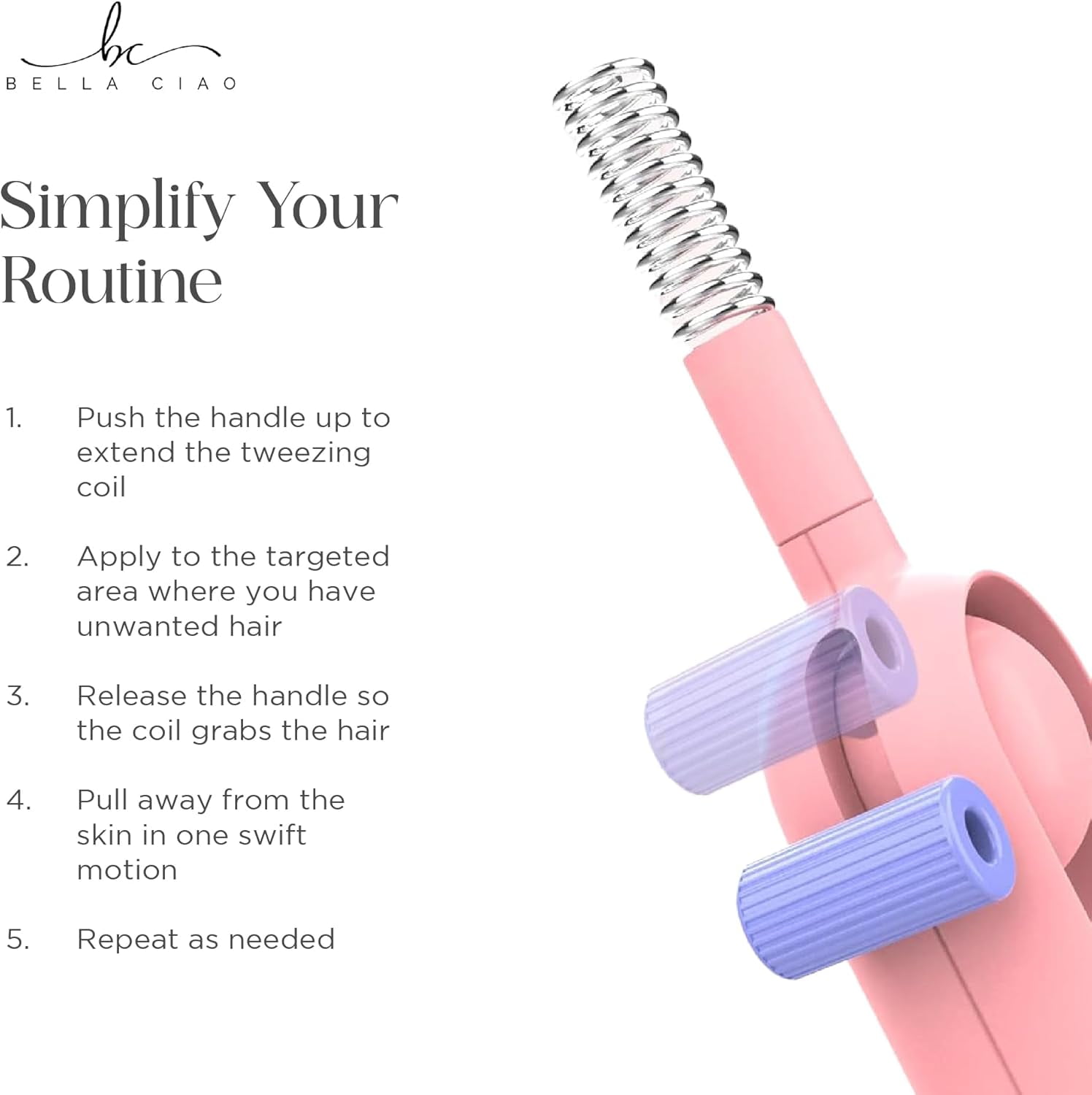 Bella Ciao Coil-Spring Facial Hair Remover Tweezers, One-Handed Hair Removal Tool, Pink