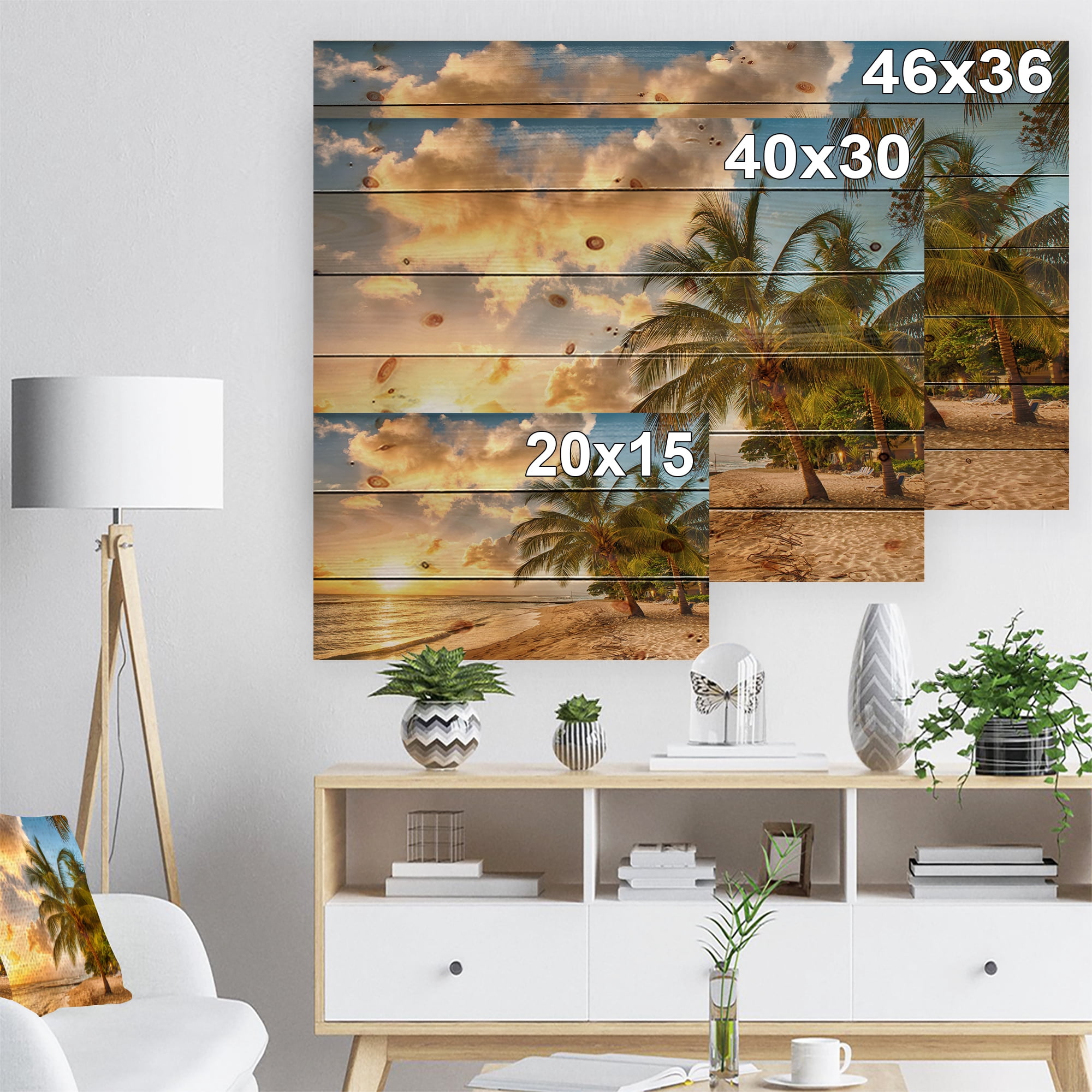 Designart 'Beautiful Beach of Island Barbados ' Modern Seascape Print on Natural Pine Wood