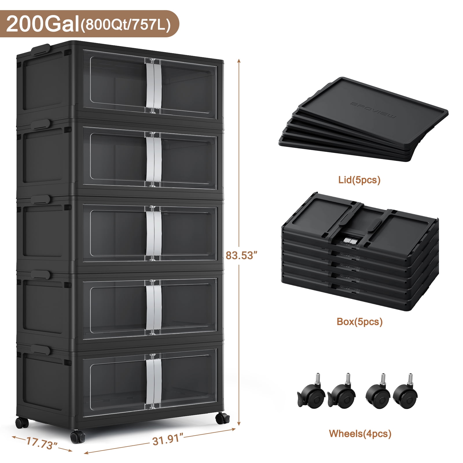 Broview 800Qt Large Stackable Storage Bins with Lids, Plastic Closet Organizers Storage Drawer with Wheels Doors, Toy Clothes Storage Box, Black V70