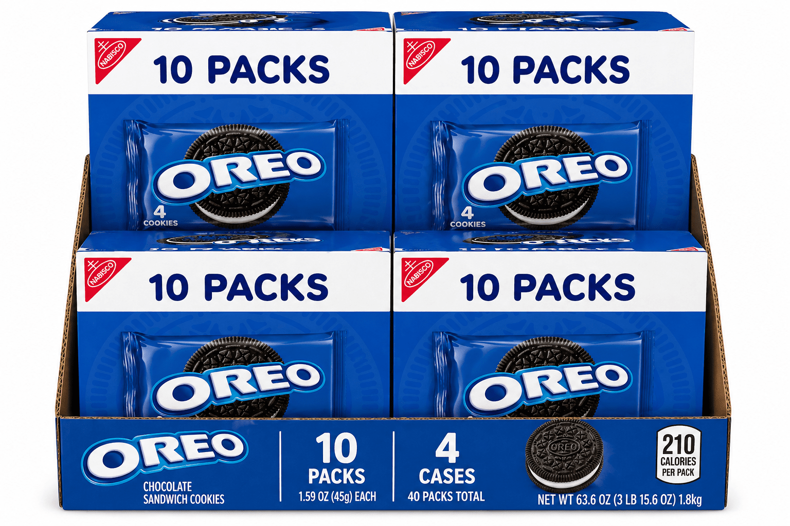 Oreo Chocolate Sandwich Cookies Snack Packs, 10 Count (1.59 oz Each) x 4 Boxes, 40 Packs Total, 63.6 oz Bulk Case
