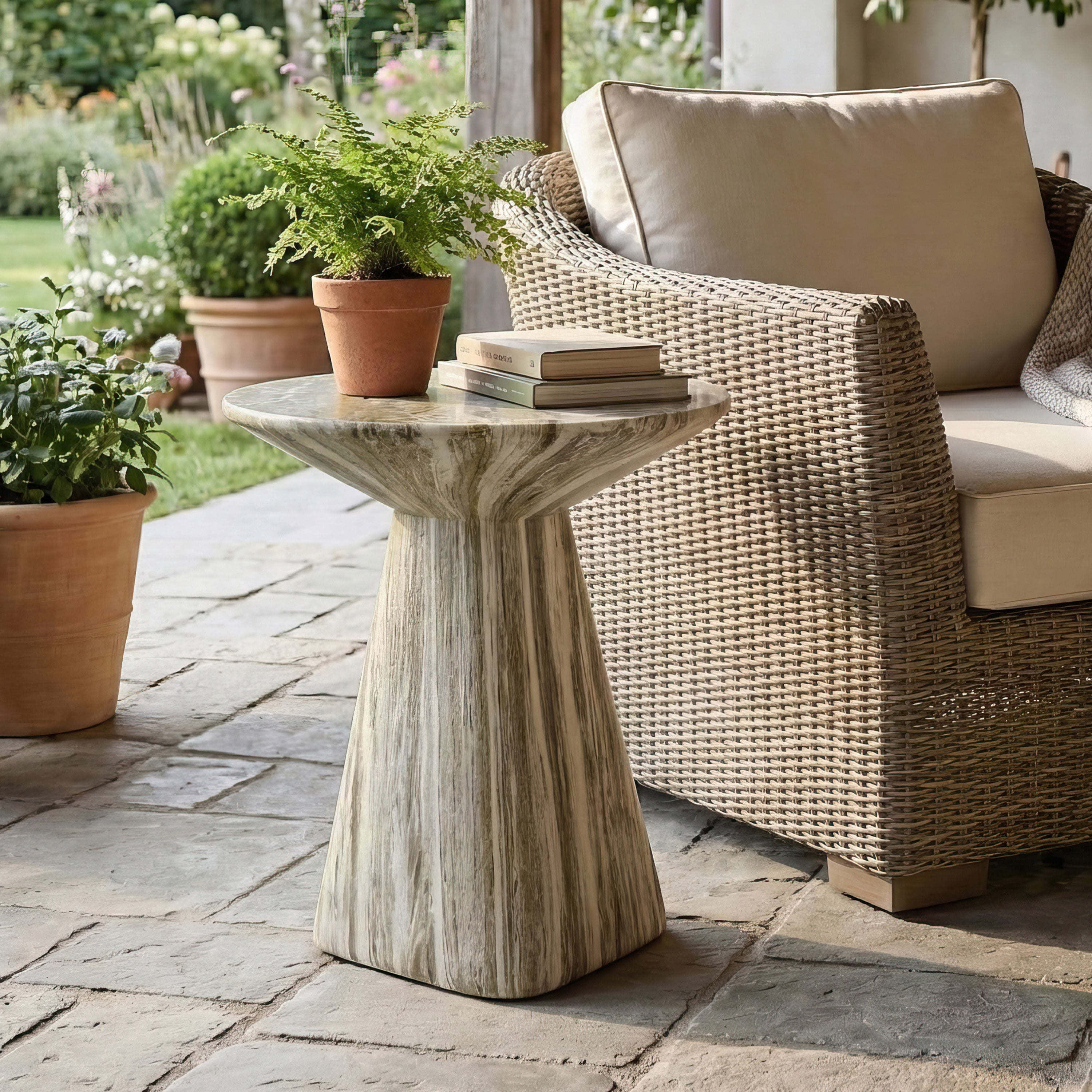 Furniture of America Isla Modern Stone Indoor & Covered Patio Round Sculptural Pedestal End Table, Gray Travertine