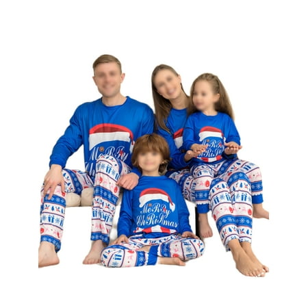 

Lumento Mommy Dad Child Soft Christmas Sleepwear Striped Letter Printed Matching Family Pajamas Set Casual Elastic Waist PJ Sets Blue Baby 6