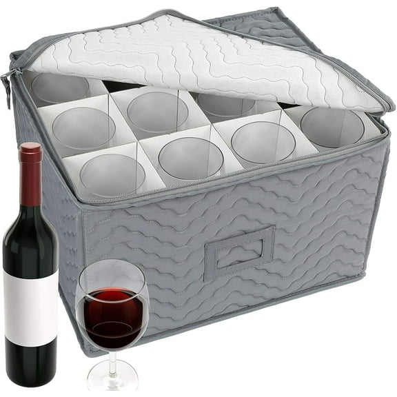 CQAOE Quilted Stemware Storage Case with Dividers and Handle – Holds 12 Wine Glasses, Champagne Flutes or Goblets – Glassware Storage Box for Cabinet or Moving