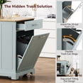 thumbnail image 3 of Fluted Kitchen Island with Trash Can Storage, Power Outlet & Internal Rack, Rolling Cart with 3 Drawers & 3 Open Shelves, 5-Wheel Mobile Kitchen Island for 10 Gallon Bin, Grey Blue, 3 of 9