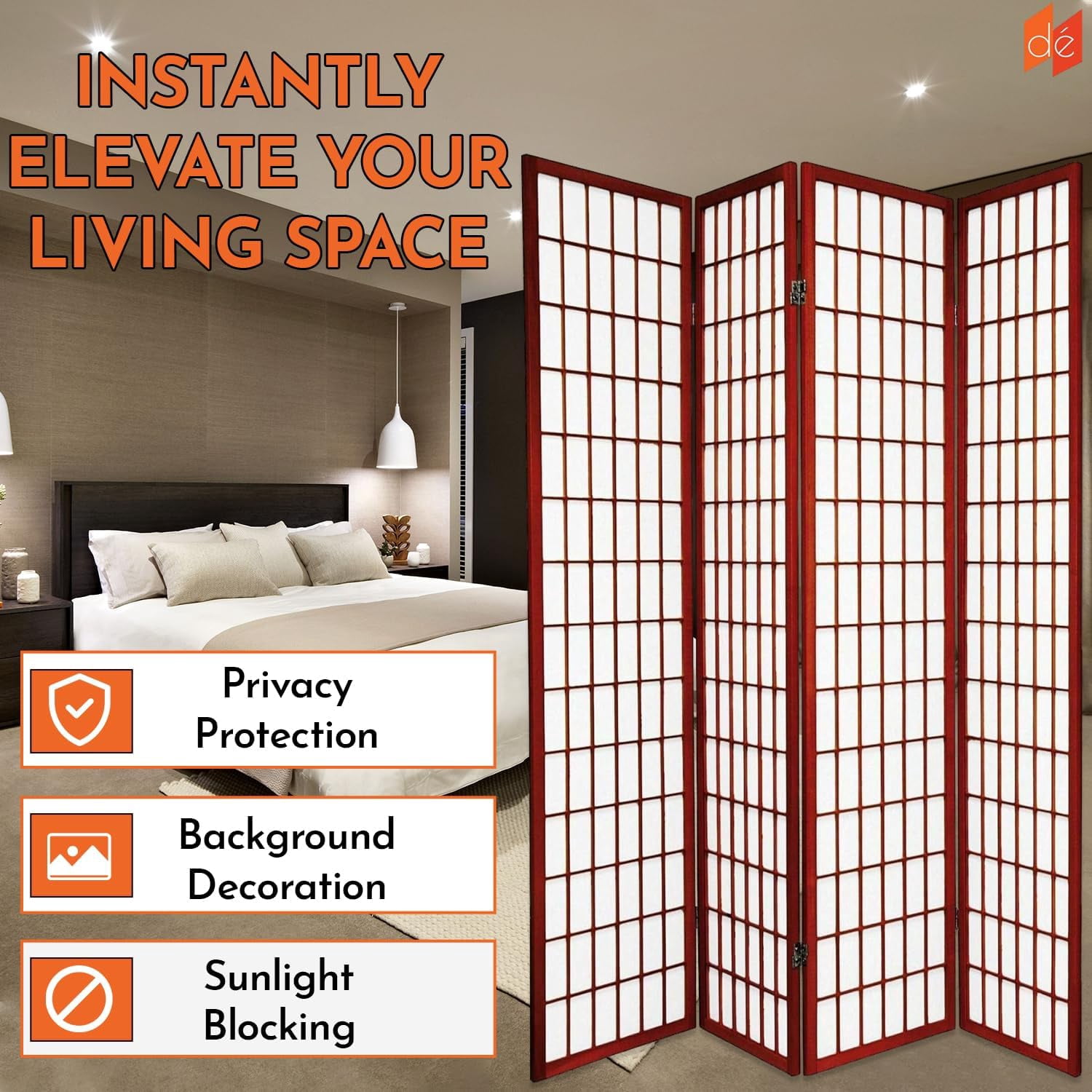 Legacy Decor 4 Panel Japanese Style Room Screen Divider Cherry Color 71" high x 70" Wide