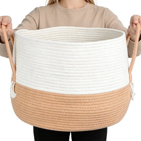 KIMERSE Large Woven Storage Basket 15.7" x 15.7" x 11.8" with Sturdy Carrying Handles for Blankets, Towels, Pillows & Household Sundries