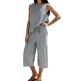 thumbnail image 2 of Zynoxe Two Piece Sets for Women Trendy Striped Womens Suit Set with Pockets Comfy Crew Neck Sleeveless Tops Drawstring Waist Capri Pants Suit Breathable Summer Beach Vacation Outfits S, 2 of 5