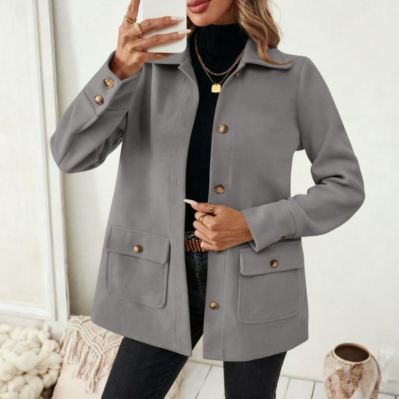 ClodeEU Women's Lapel Jacket,Buttons Single Breasted Coat ,Casual Fall Coat with Pockets Gray,Womens Plus XL