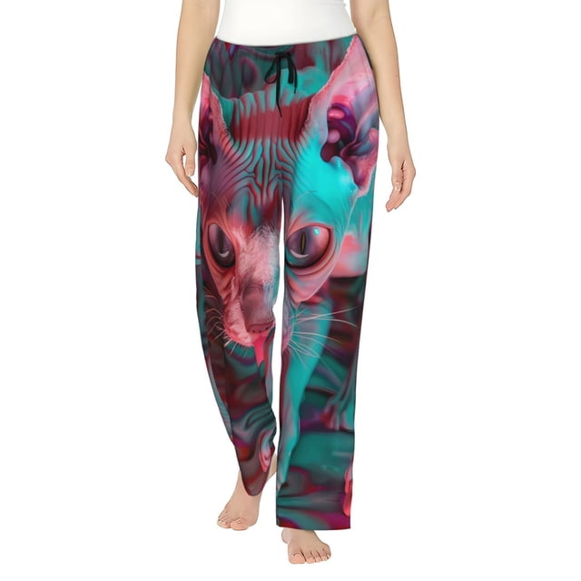 Fotbe Psychedelic Hairless Cat Pantalones de Pijama para Mujer, Pantalones de Dormir, Pantalones Pj con Cordón y Bolsillos-XX-Large