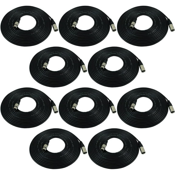 GLS Audio 25ft Mic Cable - XLR Male to XLR Female Black Microphone Cables - 10 PACK