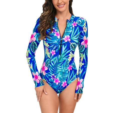 cllios One Piece Swimsuit Women Conservative Long Sleeve Surfing Rash Guards Bathing Suits Summer Tropical Floral Print Zip Up Swimsuits Summer Clearance Blue XXL