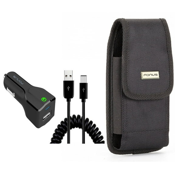 Car Charger & Case Belt Clip for iPhone 15 Pro - 18W Fast USB Port Coiled Cable Type-C and Swivel Holster Rugged Cover D7G for iPhone 15 Pro (6.1")