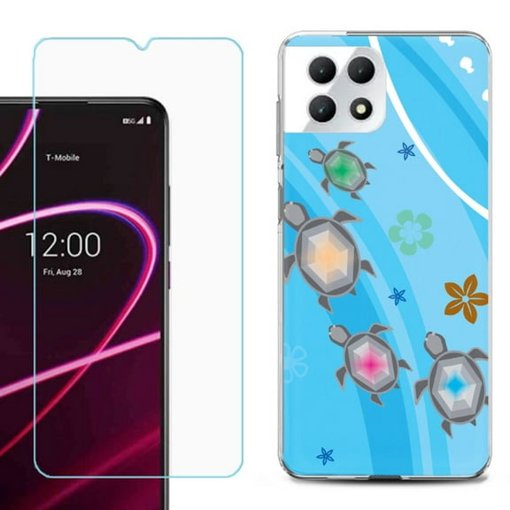 Phone Case for T-Mobile Revvl 7 5G, Shockproof Case Cover with Tempered Glass Screen Protector, by OneToughShield - Happy Turtle