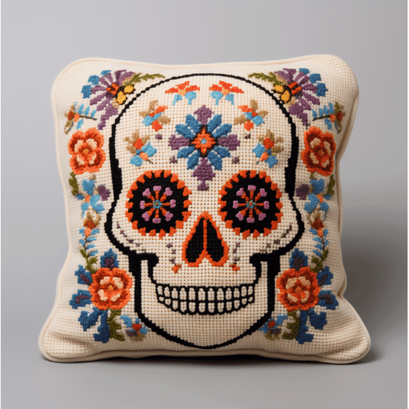 Needlepoint Pillow Kit Flowers and Bones Cross Stitch Cushion Cover Embroidery Pillow Cases 18x18inch