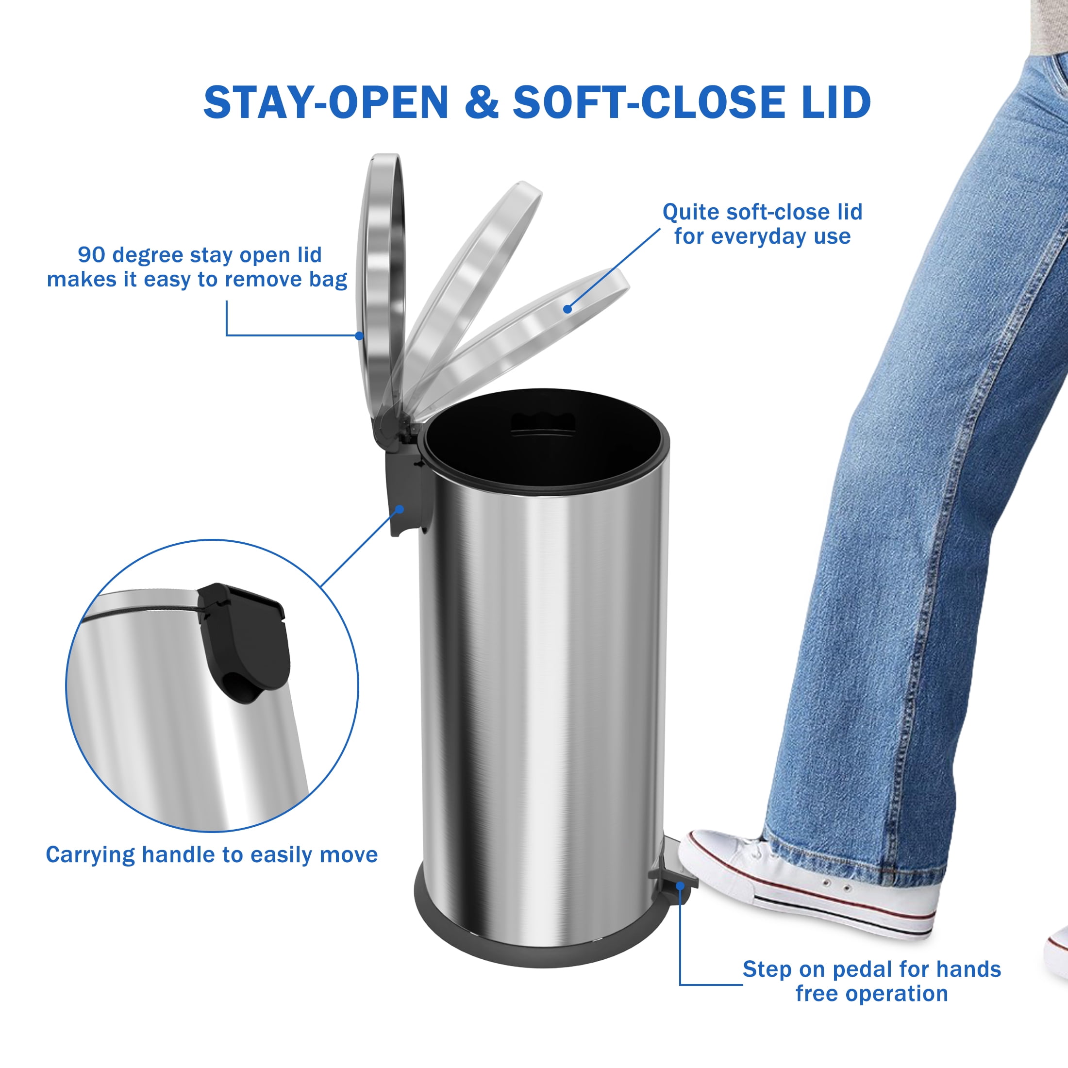Koomade Kitchen Trash Can, 10.5 Gal Stainless Steel  Soft Close Step Garbage Bin with Lid, Silver