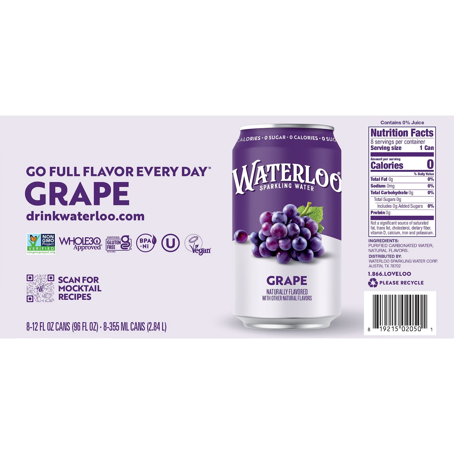(2 pack) Waterloo Sparkling Water, Grape, 12 fl oz, 8 pack cans