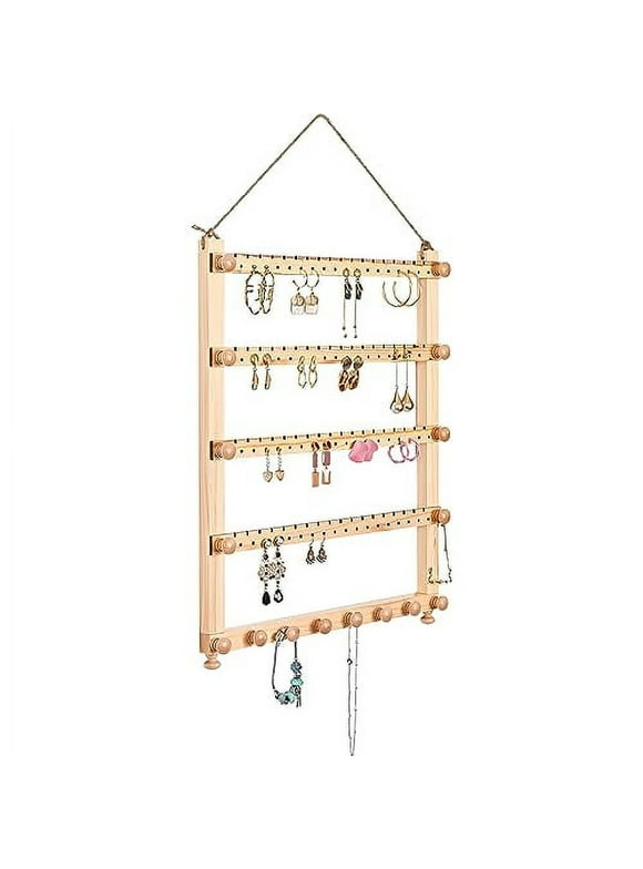 Lolalet Hanging Jewelry Organizer, 4-Tier Wooden Earring Wall Holder Jewelry Display Rack for Earrings Dangles Necklaces Bracelets -Natural