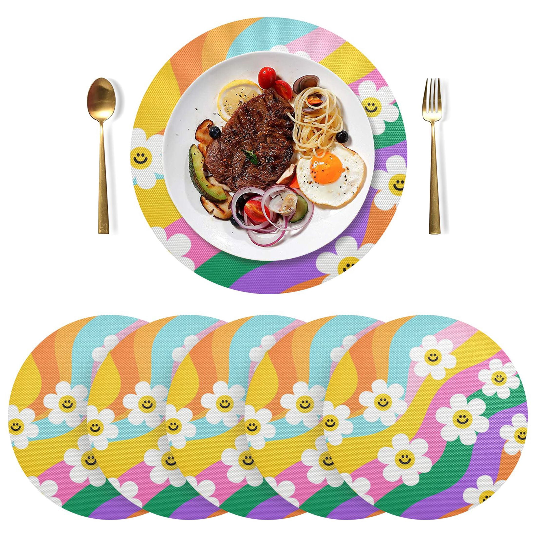 15.4 Inch Round Woven Placemats set of 6 for Dining Table Washable Heat Resistant Table Mats Non-Slip Washable Table Pad for Home Kitchen Decor Smiley Daisy on Rainbow Background