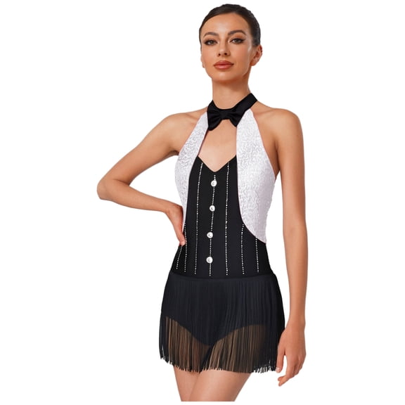 Alvivi  Womens Rhinestone Figure Skating Dress Halter Neck Mesh Patchwork Ballet Leotard Lyrical Dancewear White S