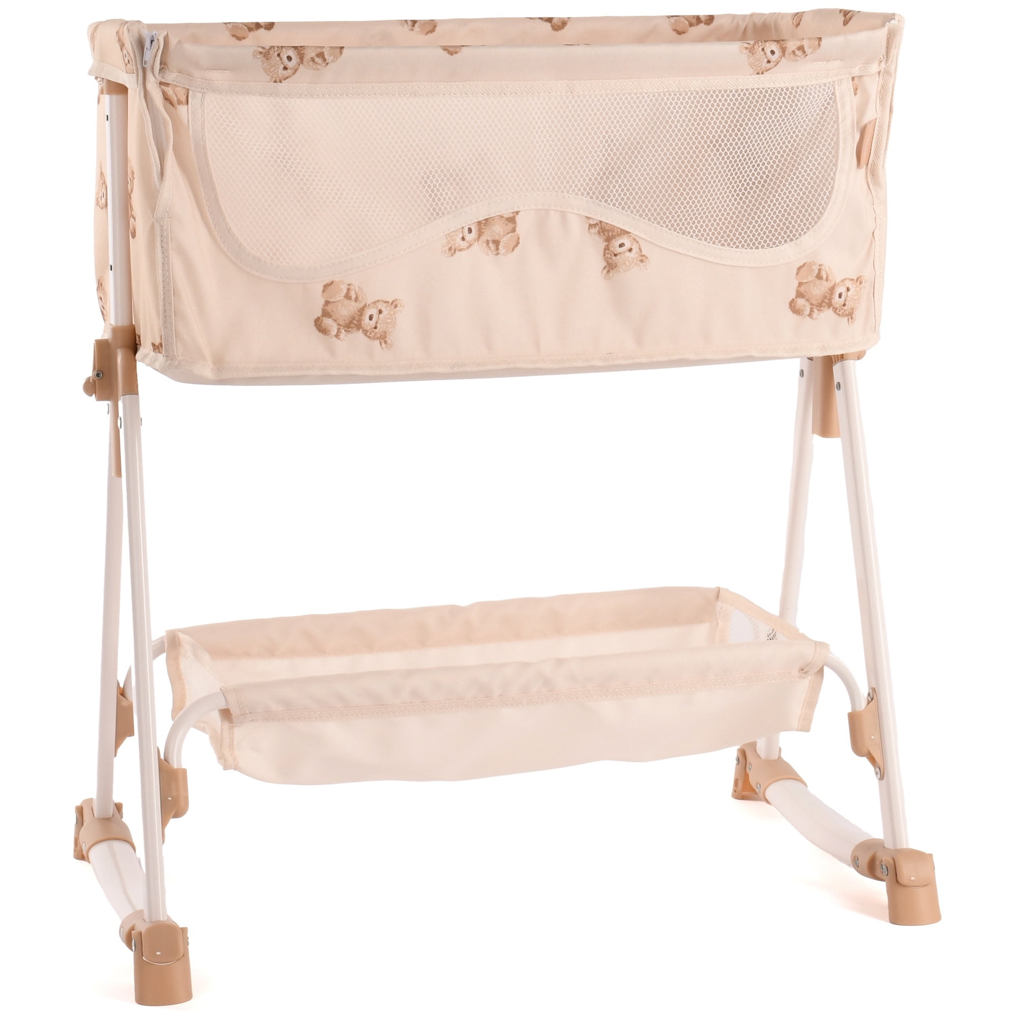 Roma Prams: Teddy Doll Bedside Crib - Beige & Bear, Rocking & Stationary, Bedtime Accessory, Adjustable Station Height, Storage, Roleplay Toy, Kids 3+