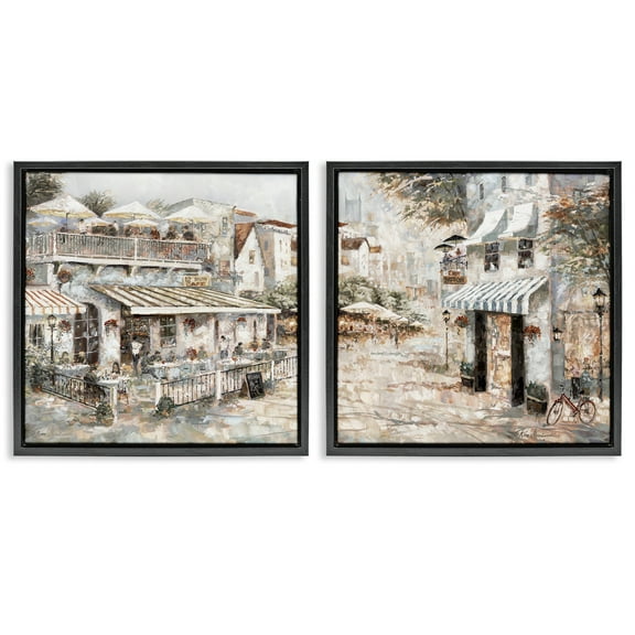 Stupell Industries Town Bistros Architecture Scenic & Cityscapes Painting Black Floater Framed Canvas Art Print Wall Art, 18 x 18, Set of 2