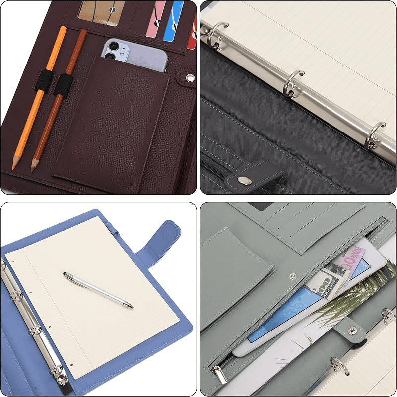 Wonderpool A4 PU Leather Ring Holder Writing Portfolio Multi Document Case with Removable Binder Clipboard and Functional Pocket for Organizer Office Travel School (Coffee)