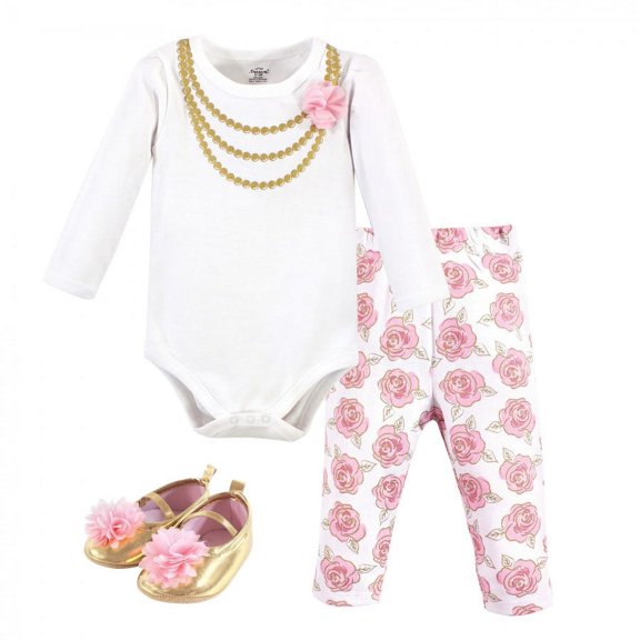 Little Treasure Baby Girl Cotton Bodysuit, Pant and Shoe 3pc Set, Gold Roses, 0-3 Months