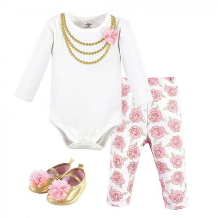 UPC: 0660168726947 | Little Treasure Baby Girl Cotton Bodysuit  Pant and Shoe 3pc Set  Gold Roses  9-12 Months