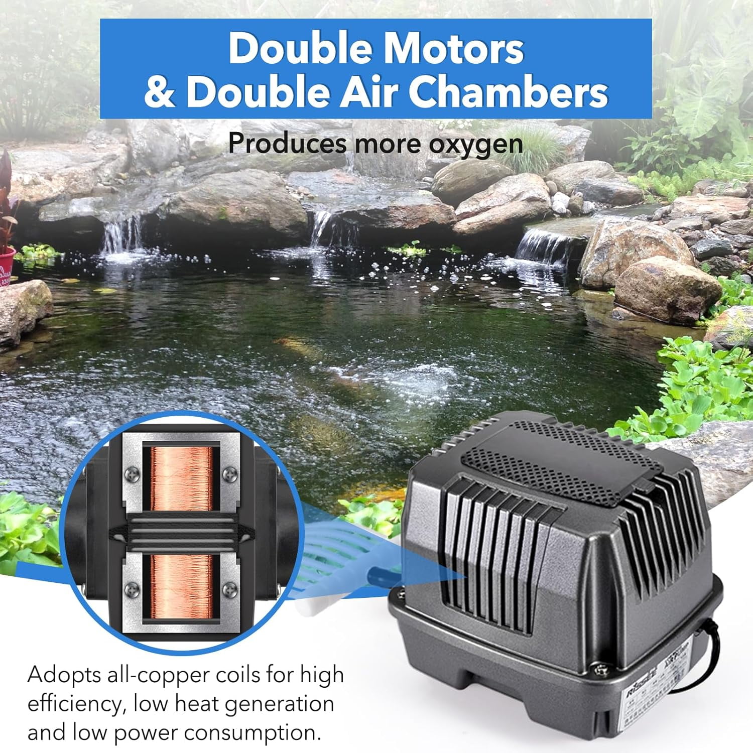 Linear Air Pond Pump, 855 GPH, Pond Aerators for Outdoor, Up to 10000 Gallons, with 8 Pcs Air Stones, for Fish Tank Koi Aquarium