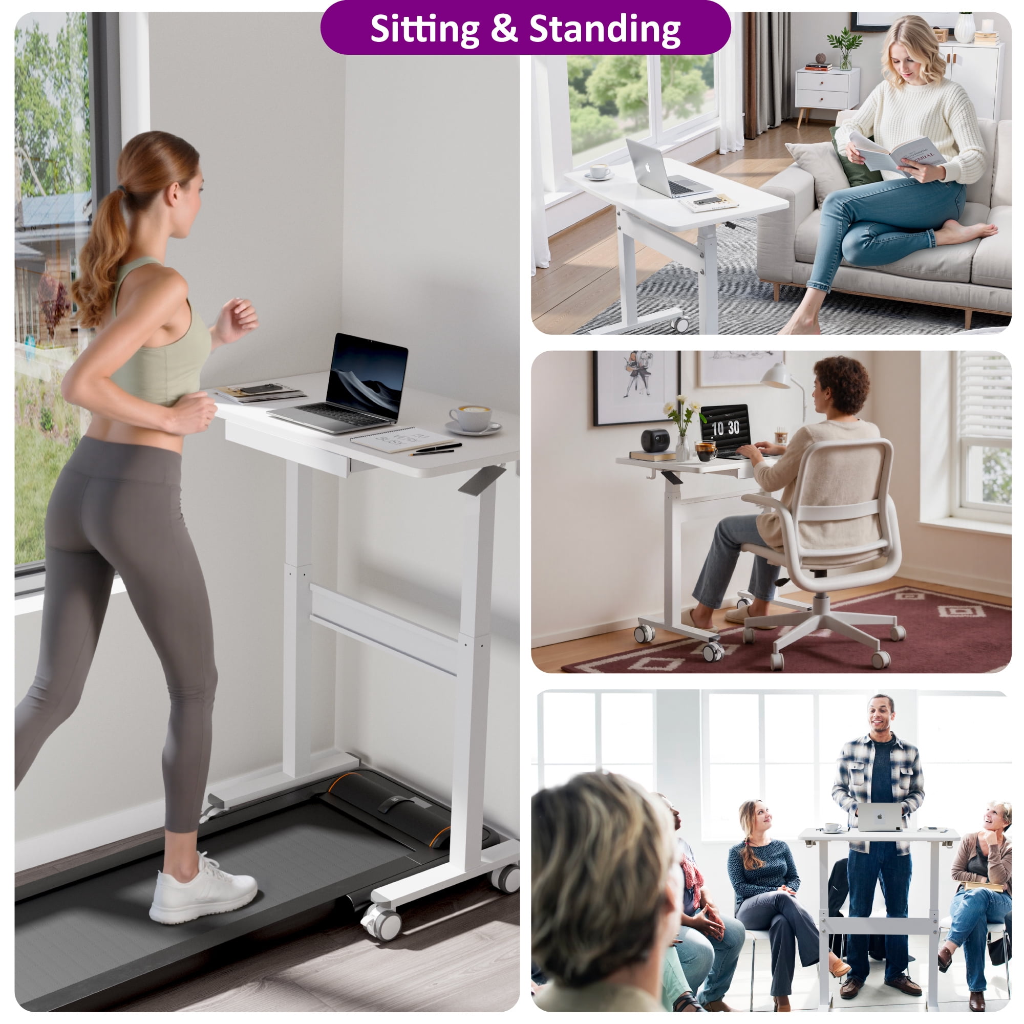 WHIFEA Mobile Standing Rolling Desk – White Sit Stand Up Desk with Drawer, Pneumatic Height Adjustment, Lockable Wheels, Adjustable Home Office Desk for Computer & Walking Pad