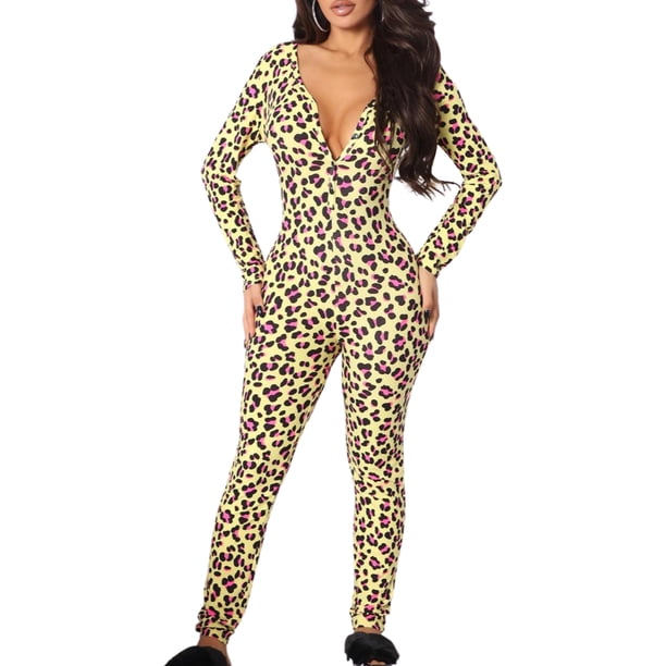 VISgogo Mono con Estampado de Leopardo Animal para Mujer, Manga Larga con Escote en V Profundo Bodycon Pantalones Largos Body Ropa de Dormir VISgogo moda