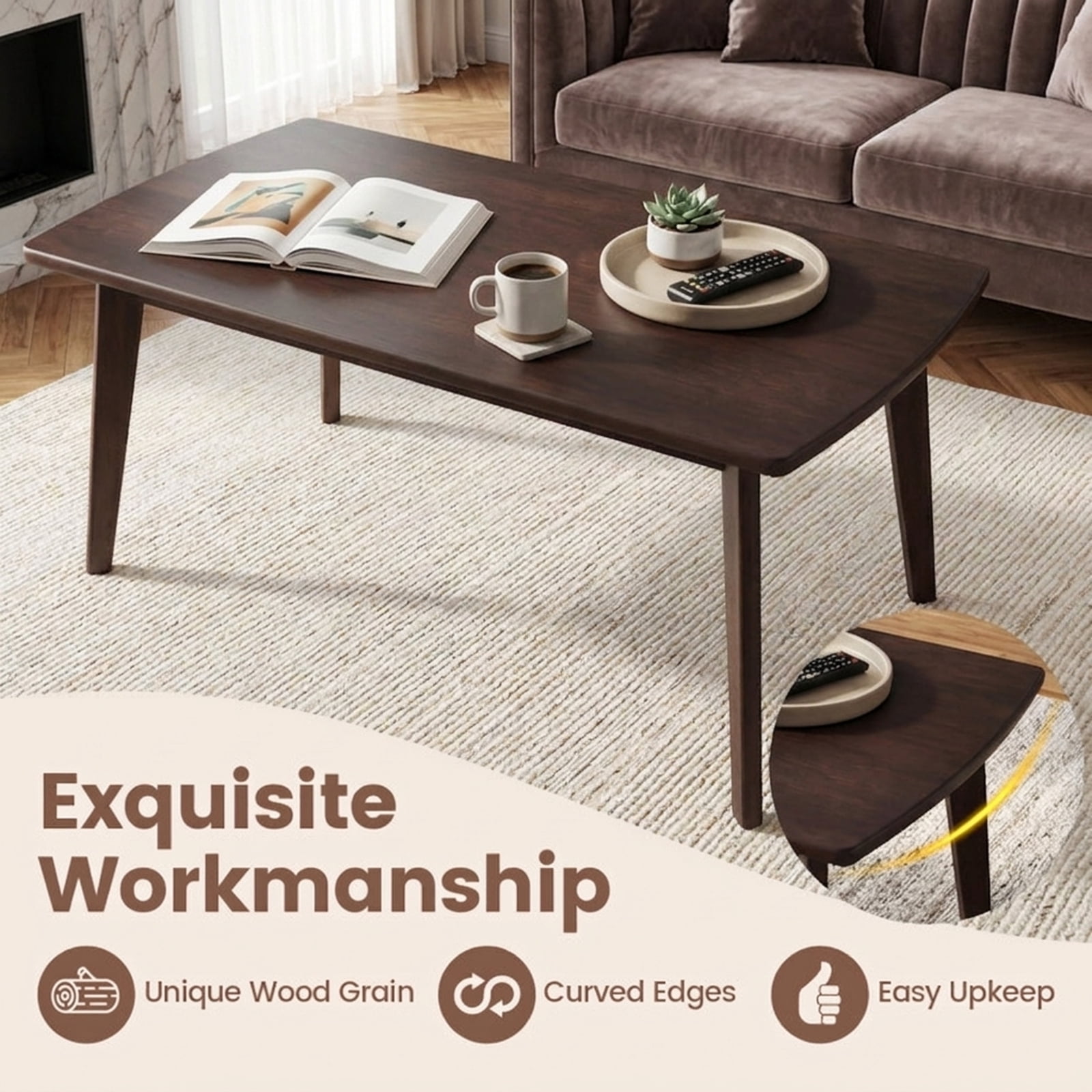 Furnibear Solid Wood Modern Coffee Table with Tapered Legs - Walnut - Living Room Cocktail Center Table