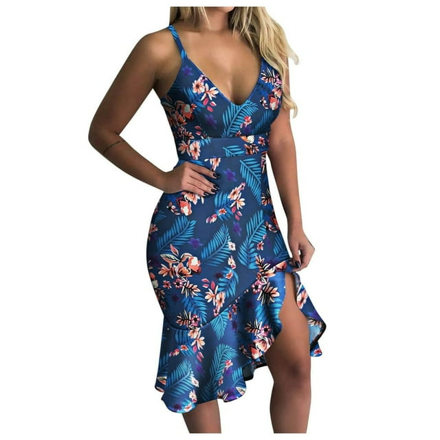 Femmes Été V Cou Sans Manches Imprimé Couleur Casual Robe Volant