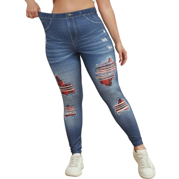 MAWCLOS Ladies Plus Size Leggings High Waist Faux Denim Pant Tummy Control  Fake Jeans Soft Workout Skinny Pencil Pants Blue 3XL 