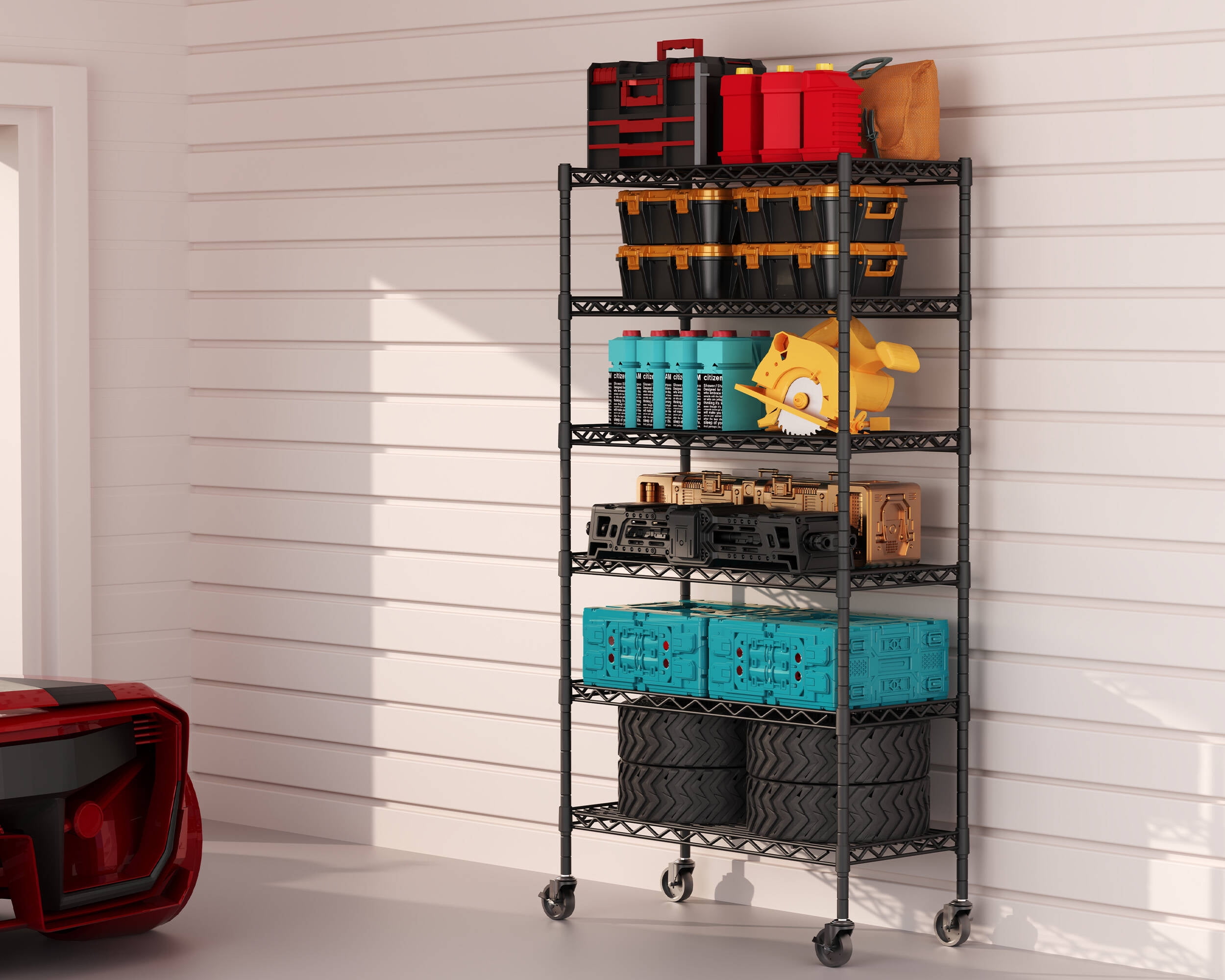 YOHKOH 6-Wire Heavy Duty Shelving Metal Storage Rack with Wheels, MAX 2000LB, Carbon Steel Adjustable Unit Shelves for Laundry Garage Kitchen (36L x 14W x 74.9H, Black)