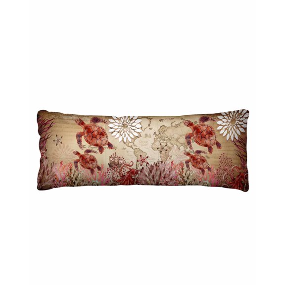 Ocean Red Turtles Body Pillow Cover 20 x 54 Inch Decorative Pillow Cover Coastal Coral Seagrass Vintage World Map Lumbar Pillowcase Seasonal Rectangle Cushion Case for Couch Sofa Bed Living Room
