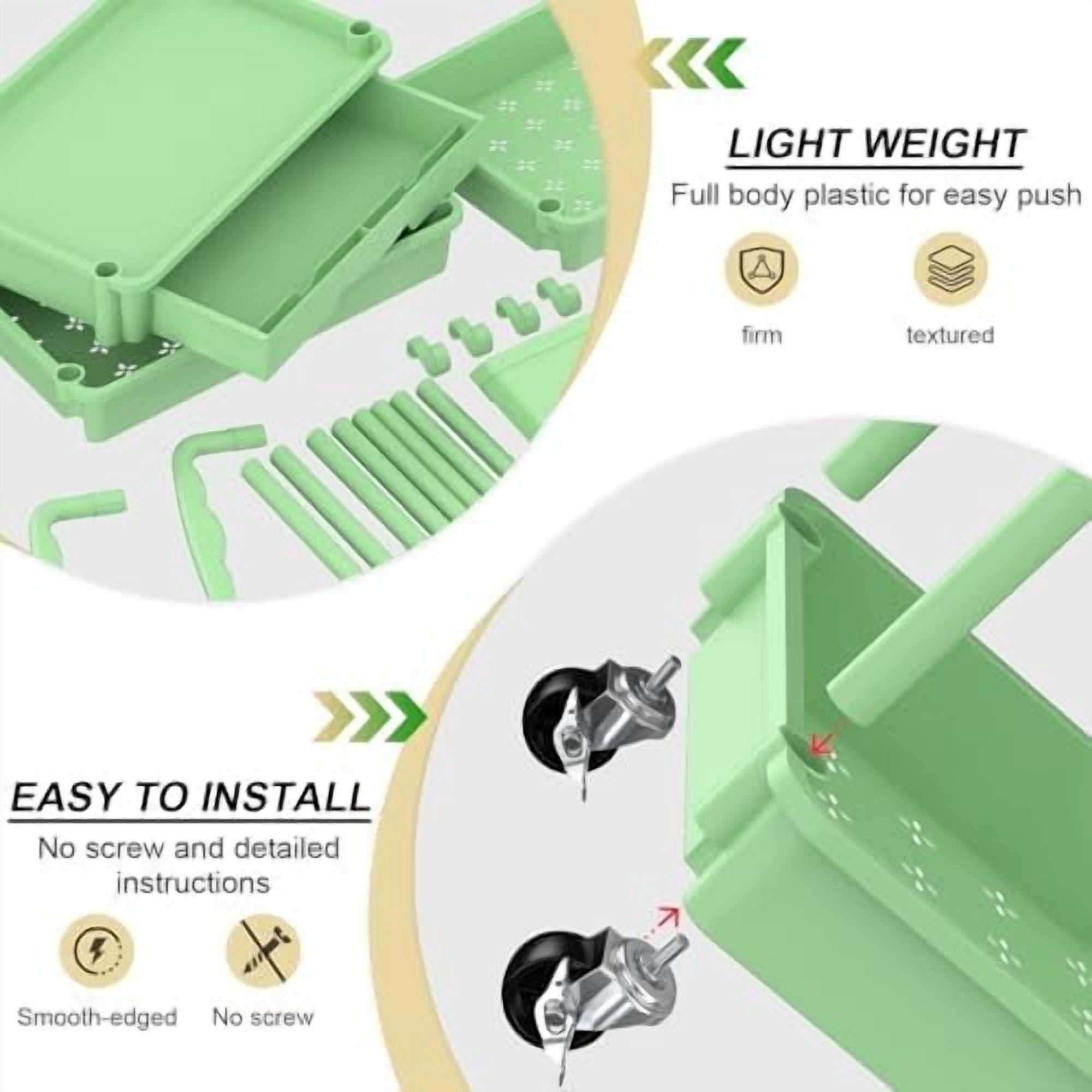 3 Tier Rolling Utility Cart Organizer with Removable Drawer, Stable and Sturdy Green Rolling Storage Carts with 2 Lockable Wheels for Bathroom, Kitchen, Snack, Craft, Makeup, Baby Essentials