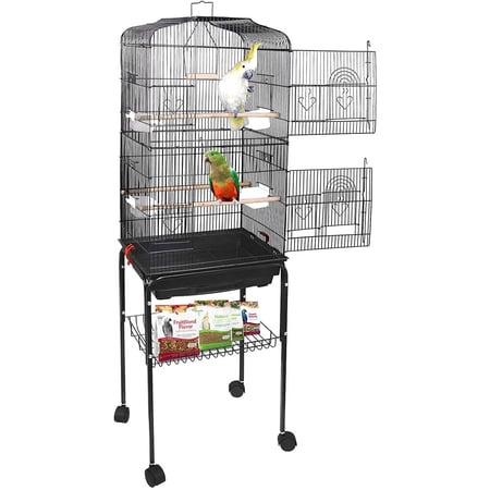 59.3 Rolling Bird Cage Large Wrought Iron Cage for Cockatiel Sun Conure Parakeet Finch Budgie Lovebird Canary Medium Pet House with Rolling Stand & Storage Shelf