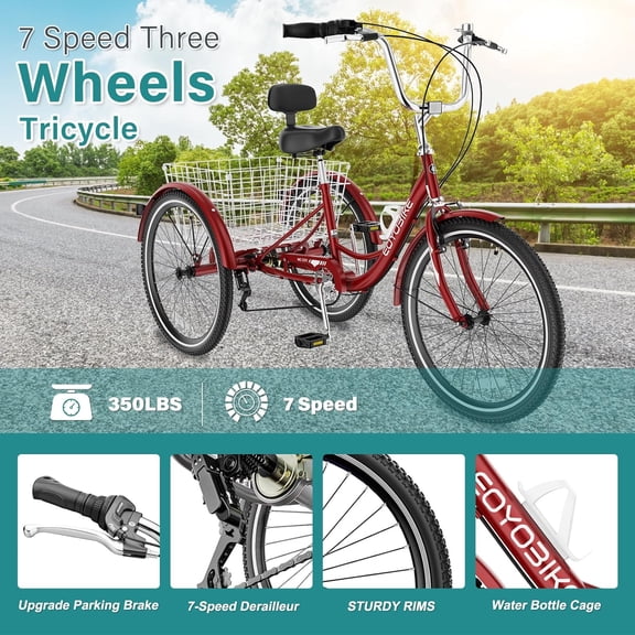 FICISOG 7 Speed Adult Tricycle for Women, 20/24/26 Inch Adult Trike with Basket, 3 Wheel Bikes for Adults Seniors, Cruise Trike for Shopping Picnic