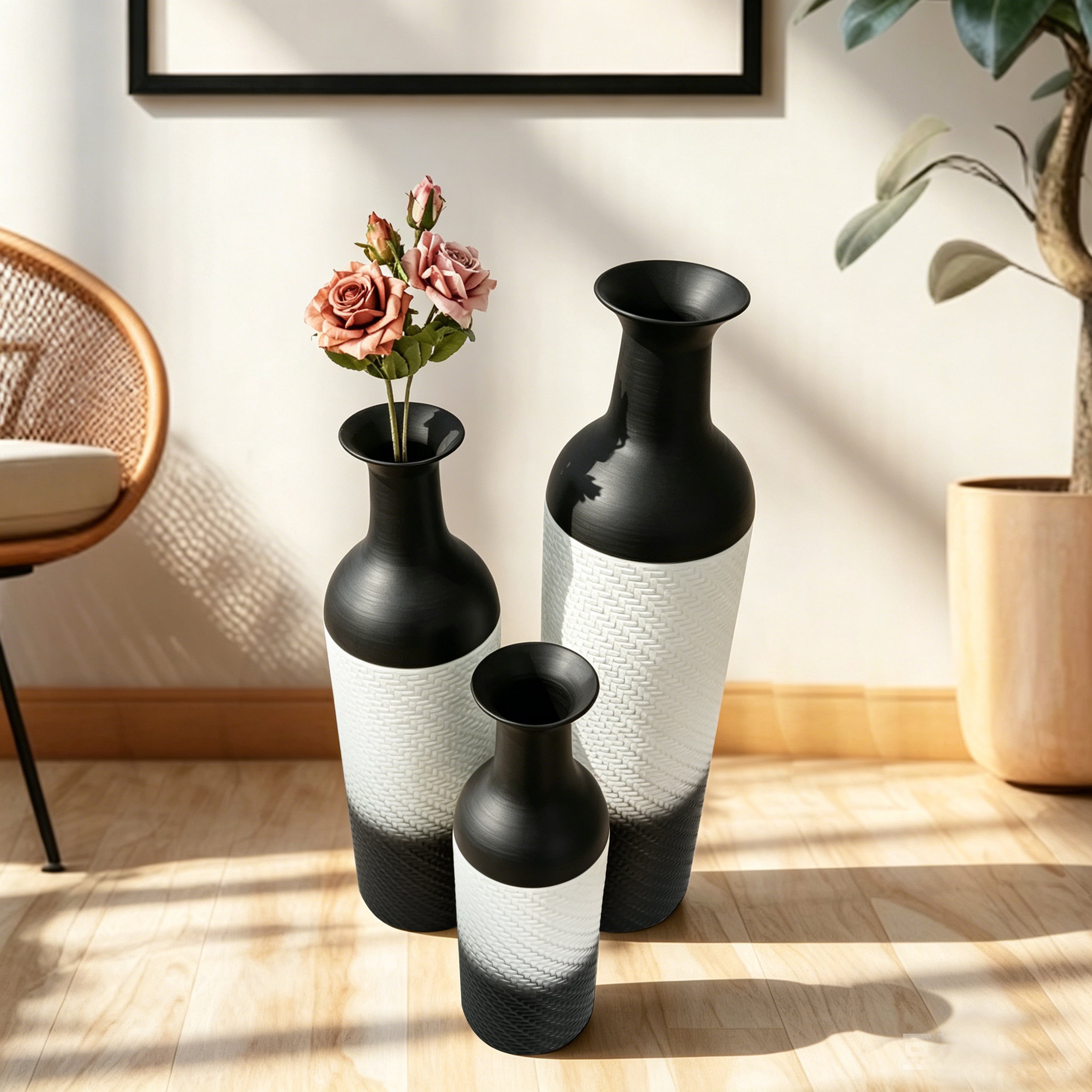 Metal Floor Vases Set of 3 with Leaf Pattern, Tall Decorative Vases and Home Decor Accents for Living Room Entryway, White and Black