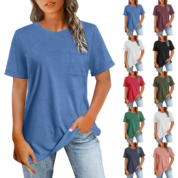 Xuniizn Womens T Shirts Solid Crewnwck Casual Loose Classic Versatile Basic Tees with Pockets Soft Comfortable Stylish Slim Everyday Tops, S-2XL