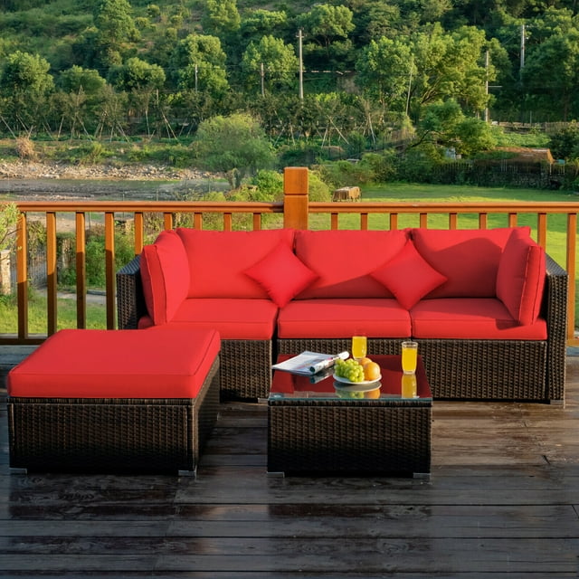 Gymax Ensemble de Canapé Sectionnel en Rotin 5 Pcs Ensemble de Meubles de Patio avec Coussin et Oreiller Rouges