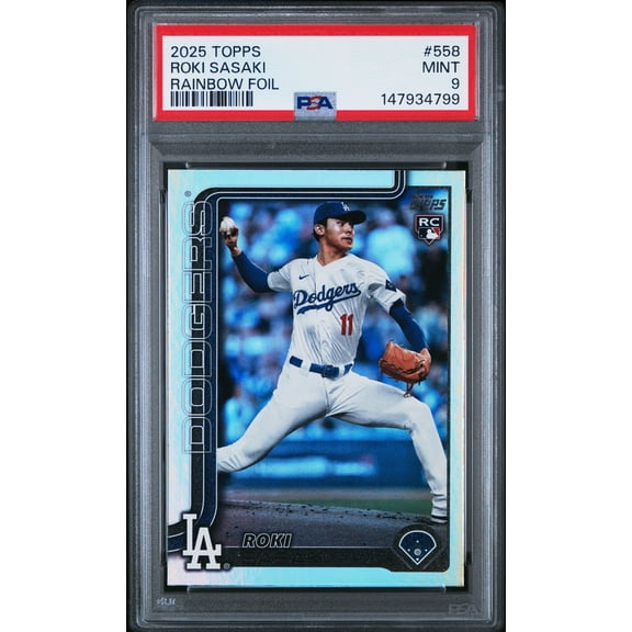 Graded 2025 Topps Roki Sasaki #558 Rainbow Foil Rookie RC Baseball Card PSA 9 Mint