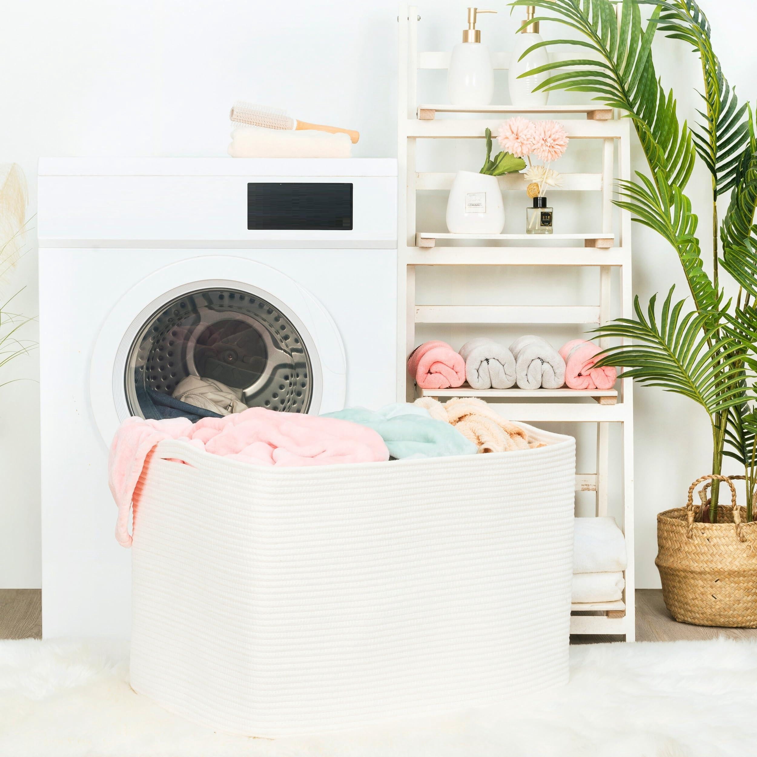 Creamy White Cotton Rope Rectangle Storage Basket 112L Extra Large For Laundry, Towels, Blankets
